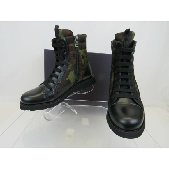 NIB PRADA 0T0782 CAMOUFLAGE GREEN LEATHER CAP TOE LACE UP COMBAT BOOTS 37 US 7 - Picture 7 of 12